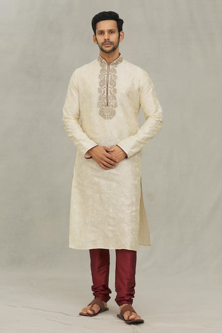Buy Arihant Rai Sinha Beige Silk, Denim Embroidery Leaf Pattern Kurta With Churidar at Aza Fashions Buy_Arihant Rai Sinha_Beige Silk, Denim Embroidery Leaf Pattern Kurta With Churidar_at_Aza_Fashions
