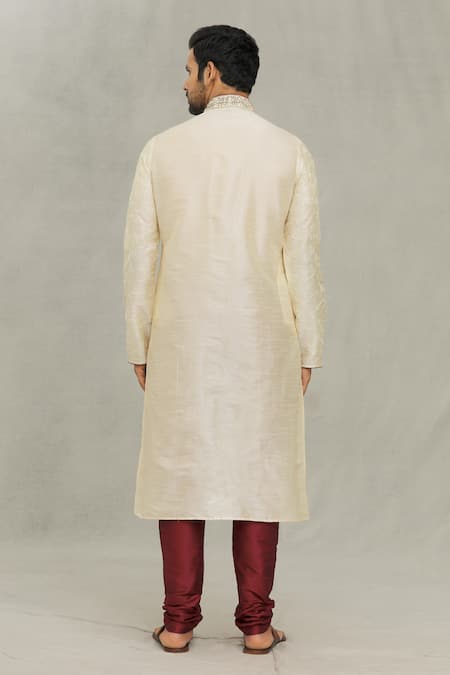 Shop Arihant Rai Sinha Beige Silk, Denim Embroidery Leaf Pattern Kurta With Churidar at Aza Fashions Shop_Arihant Rai Sinha_Beige Silk, Denim Embroidery Leaf Pattern Kurta With Churidar_at_Aza_Fashions