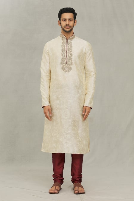 Arihant Rai Sinha Beige Silk, Denim Embroidery Leaf Pattern Kurta With Churidar Online at Aza Fashions Arihant Rai Sinha_Beige Silk, Denim Embroidery Leaf Pattern Kurta With Churidar_Online_at_Aza_Fashions