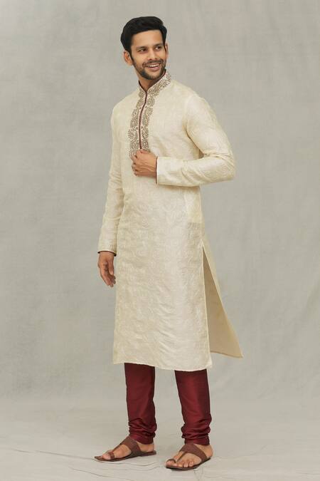 Buy Arihant Rai Sinha Beige Silk, Denim Embroidery Leaf Pattern Kurta With Churidar Online at Aza Fashions Buy_Arihant Rai Sinha_Beige Silk, Denim Embroidery Leaf Pattern Kurta With Churidar_Online_at_Aza_Fashions