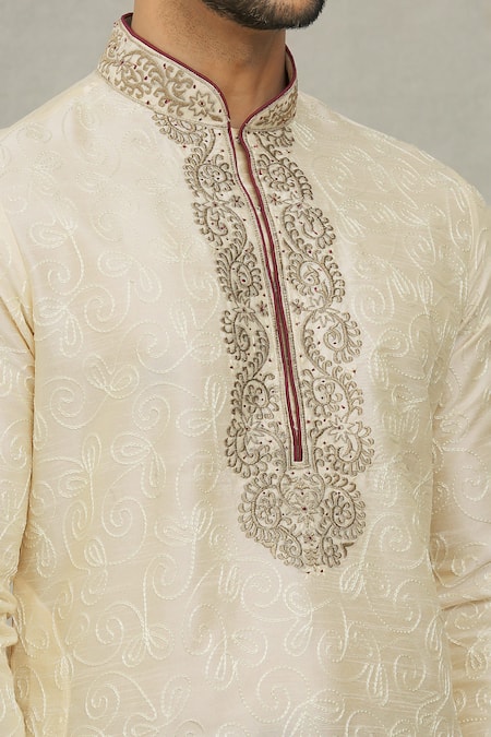 Shop Arihant Rai Sinha Beige Silk, Denim Embroidery Leaf Pattern Kurta With Churidar Online at Aza Fashions Shop_Arihant Rai Sinha_Beige Silk, Denim Embroidery Leaf Pattern Kurta With Churidar_Online_at_Aza_Fashions
