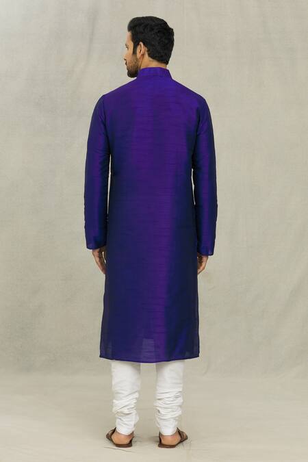 Shop_Arihant Rai Sinha_Blue Silk, Chanderi Solid Kurta With Churidar_at_Aza_Fashions