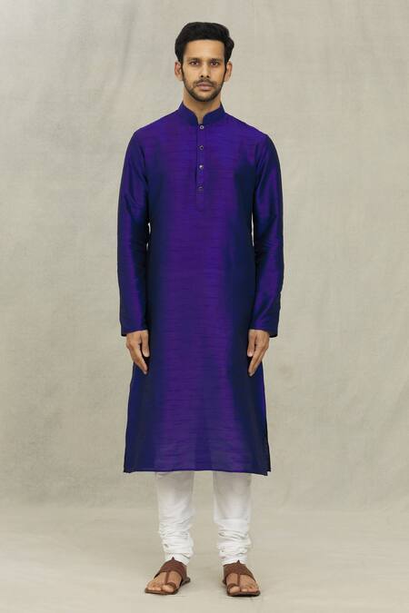 Arihant Rai Sinha_Blue Silk, Chanderi Solid Kurta With Churidar_Online_at_Aza_Fashions