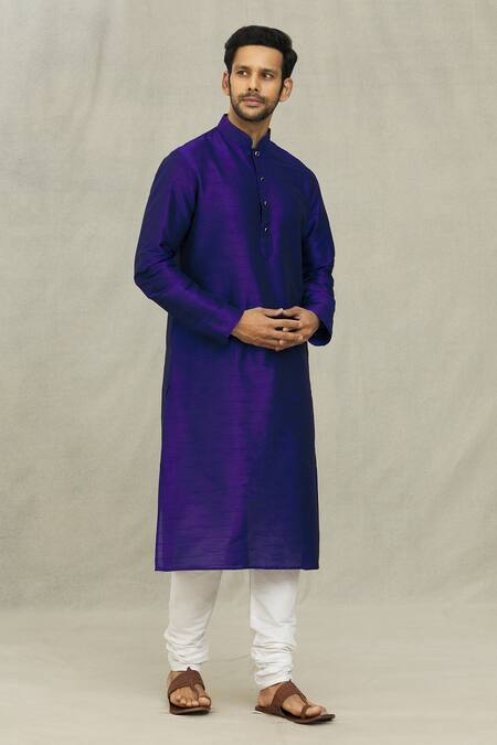 Buy_Arihant Rai Sinha_Blue Silk, Chanderi Solid Kurta With Churidar_Online_at_Aza_Fashions