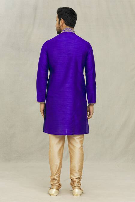 Shop Arihant Rai Sinha Blue Silk, Chanderi Embroidery Jaal Threadwork Short Kurta With Churidar at Aza Fashions Shop_Arihant Rai Sinha_Blue Silk, Chanderi Embroidery Jaal Threadwork Short Kurta With Churidar_at_Aza_Fashions