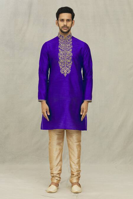 Arihant Rai Sinha Blue Silk, Chanderi Embroidery Jaal Threadwork Short Kurta With Churidar Online at Aza Fashions Arihant Rai Sinha_Blue Silk, Chanderi Embroidery Jaal Threadwork Short Kurta With Churidar_Online_at_Aza_Fashions