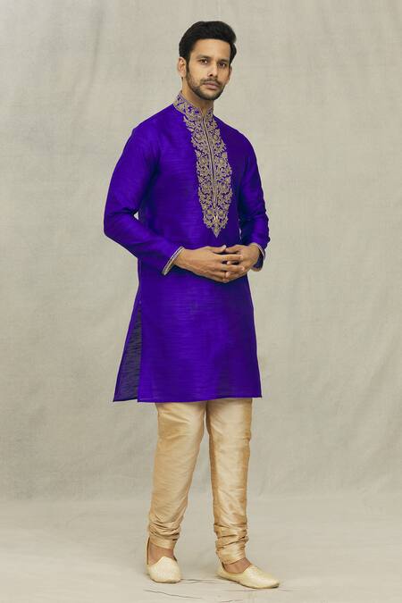 Buy Arihant Rai Sinha Blue Silk, Chanderi Embroidery Jaal Threadwork Short Kurta With Churidar Online at Aza Fashions Buy_Arihant Rai Sinha_Blue Silk, Chanderi Embroidery Jaal Threadwork Short Kurta With Churidar_Online_at_Aza_Fashions