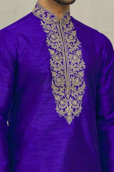 Shop Arihant Rai Sinha Blue Silk, Chanderi Embroidery Jaal Threadwork Short Kurta With Churidar Online at Aza Fashions Shop_Arihant Rai Sinha_Blue Silk, Chanderi Embroidery Jaal Threadwork Short Kurta With Churidar_Online_at_Aza_Fashions