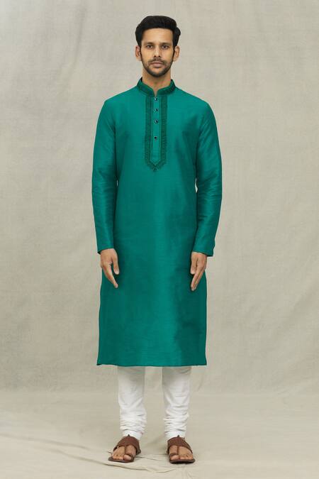 Arihant Rai Sinha_Green Silk, Chanderi Embroidery Fringe Threadwork Placket Kurta With Churidar_Online_at_Aza_Fashions