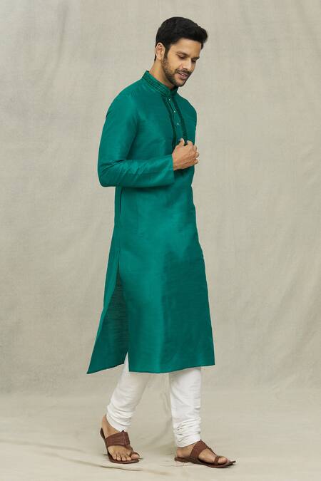 Buy_Arihant Rai Sinha_Green Silk, Chanderi Embroidery Fringe Threadwork Placket Kurta With Churidar_Online_at_Aza_Fashions