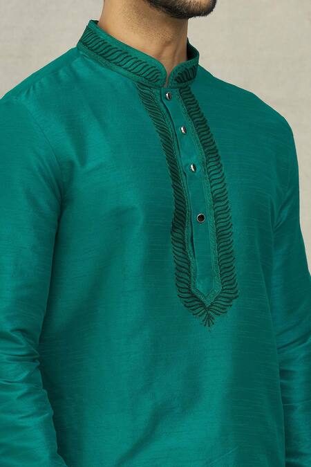 Shop_Arihant Rai Sinha_Green Silk, Chanderi Embroidery Fringe Threadwork Placket Kurta With Churidar_Online_at_Aza_Fashions