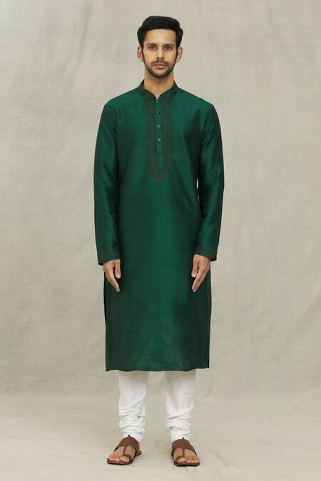 Arihant Rai Sinha Green Silk Embroidery Swirl Threadwork Placket Kurta With Churidar Online at Aza Fashions Arihant Rai Sinha_Green Silk Embroidery Swirl Threadwork Placket Kurta With Churidar _Online_at_Aza_Fashions