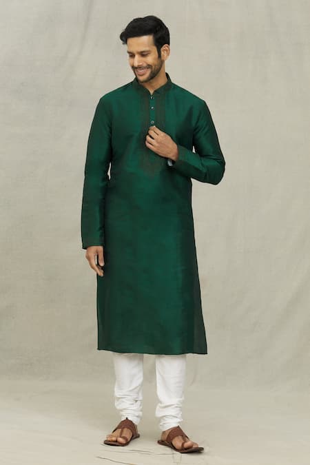 Buy Arihant Rai Sinha Green Silk Embroidery Swirl Threadwork Placket Kurta With Churidar Online at Aza Fashions Buy_Arihant Rai Sinha_Green Silk Embroidery Swirl Threadwork Placket Kurta With Churidar _Online_at_Aza_Fashions
