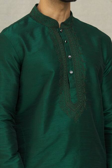 Shop Arihant Rai Sinha Green Silk Embroidery Swirl Threadwork Placket Kurta With Churidar Online at Aza Fashions Shop_Arihant Rai Sinha_Green Silk Embroidery Swirl Threadwork Placket Kurta With Churidar _Online_at_Aza_Fashions