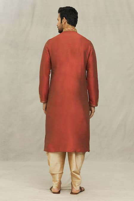 Shop Arihant Rai Sinha Maroon Silk Embroidery Floral Jaal Threadwork Kurta With Dhoti Pant at Aza Fashions Shop_Arihant Rai Sinha_Maroon Silk Embroidery Floral Jaal Threadwork Kurta With Dhoti Pant _at_Aza_Fashions