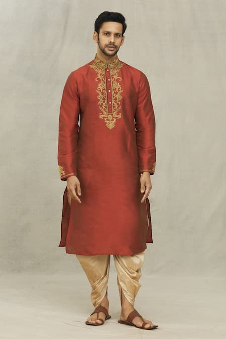 Arihant Rai Sinha Maroon Silk Embroidery Floral Jaal Threadwork Kurta With Dhoti Pant Online at Aza Fashions Arihant Rai Sinha_Maroon Silk Embroidery Floral Jaal Threadwork Kurta With Dhoti Pant _Online_at_Aza_Fashions