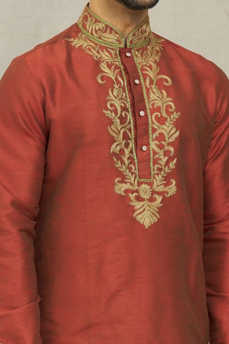 Buy Arihant Rai Sinha Maroon Silk Embroidery Floral Jaal Threadwork Kurta With Dhoti Pant Online at Aza Fashions Buy_Arihant Rai Sinha_Maroon Silk Embroidery Floral Jaal Threadwork Kurta With Dhoti Pant _Online_at_Aza_Fashions