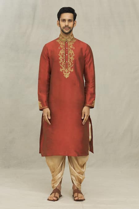 Arihant Rai Sinha Maroon Silk Embroidery Floral Jaal Threadwork Kurta With Dhoti Pant at Aza Fashions Arihant Rai Sinha_Maroon Silk Embroidery Floral Jaal Threadwork Kurta With Dhoti Pant _at_Aza_Fashions