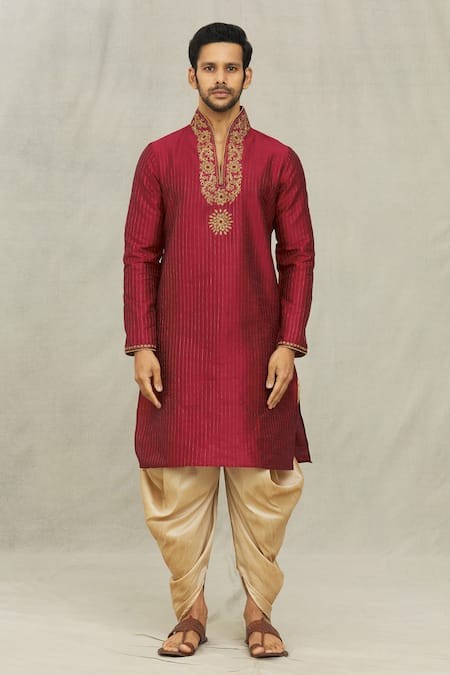 Arihant Rai Sinha_Maroon Silk Embroidery Floral Placket Kurta And Dhoti Pant Set _Online_at_Aza_Fashions