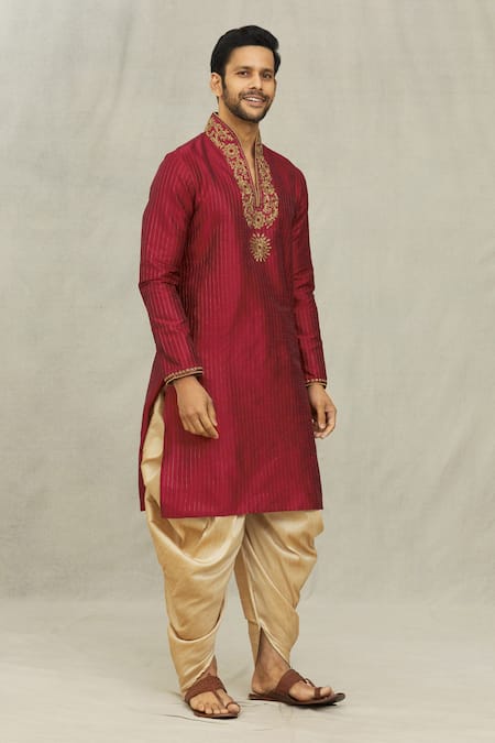 Buy_Arihant Rai Sinha_Maroon Silk Embroidery Floral Placket Kurta And Dhoti Pant Set _Online_at_Aza_Fashions
