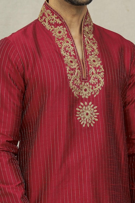 Shop_Arihant Rai Sinha_Maroon Silk Embroidery Floral Placket Kurta And Dhoti Pant Set _Online_at_Aza_Fashions