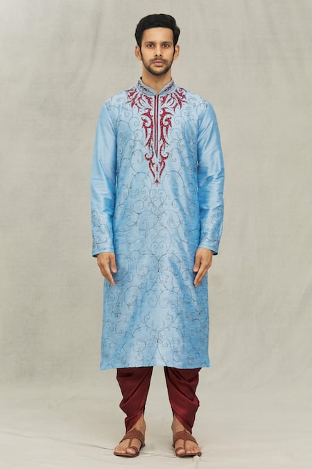 Arihant Rai Sinha_Blue Silk Embroidery Paisley Pattern Kurta And Dhoti Pant Set _Online_at_Aza_Fashions
