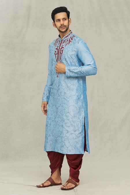 Buy_Arihant Rai Sinha_Blue Silk Embroidery Paisley Pattern Kurta And Dhoti Pant Set _Online_at_Aza_Fashions