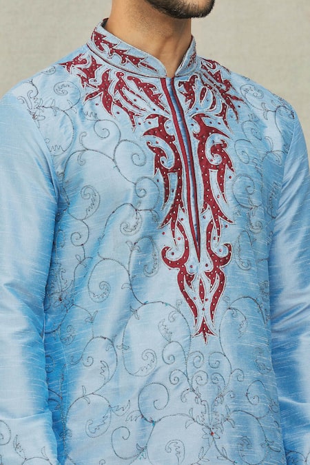 Shop_Arihant Rai Sinha_Blue Silk Embroidery Paisley Pattern Kurta And Dhoti Pant Set _Online_at_Aza_Fashions
