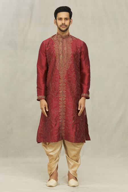 Arihant Rai Sinha Maroon Silk Embroidery, Beads Paisley Resham Kurta And Dhoti Pant Set Online at Aza Fashions Arihant Rai Sinha_Maroon Silk Embroidery, Beads Paisley Resham Kurta And Dhoti Pant Set _Online_at_Aza_Fashions