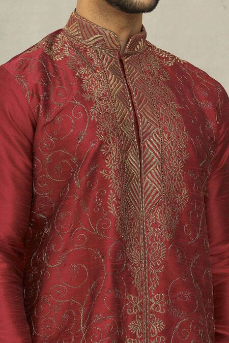 Shop Arihant Rai Sinha Maroon Silk Embroidery, Beads Paisley Resham Kurta And Dhoti Pant Set Online at Aza Fashions Shop_Arihant Rai Sinha_Maroon Silk Embroidery, Beads Paisley Resham Kurta And Dhoti Pant Set _Online_at_Aza_Fashions