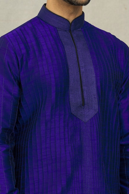Shop_Arihant Rai Sinha_Blue Silk Pintucked Straight Kurta And Dhoti Pant Set_Online_at_Aza_Fashions