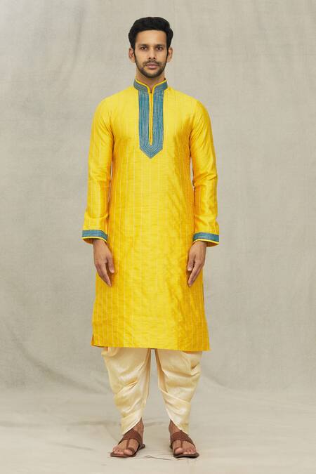 Arihant Rai Sinha_Yellow Silk Embroidery Running Stitch Kurta And Dhoti Pant Set _Online_at_Aza_Fashions