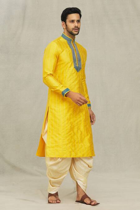 Buy_Arihant Rai Sinha_Yellow Silk Embroidery Running Stitch Kurta And Dhoti Pant Set _Online_at_Aza_Fashions
