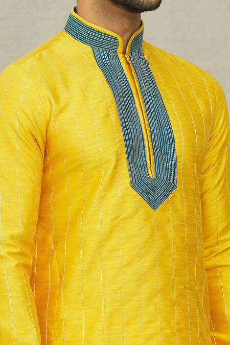 Shop_Arihant Rai Sinha_Yellow Silk Embroidery Running Stitch Kurta And Dhoti Pant Set _Online_at_Aza_Fashions