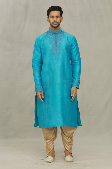 Buy_Arihant Rai Sinha_Blue Silk Beads, Embroidery Thread Kurta And Dhoti Pant Set_Online_at_Aza_Fashions