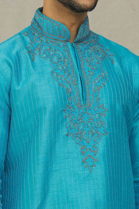 Shop_Arihant Rai Sinha_Blue Silk Beads, Embroidery Thread Kurta And Dhoti Pant Set_Online_at_Aza_Fashions