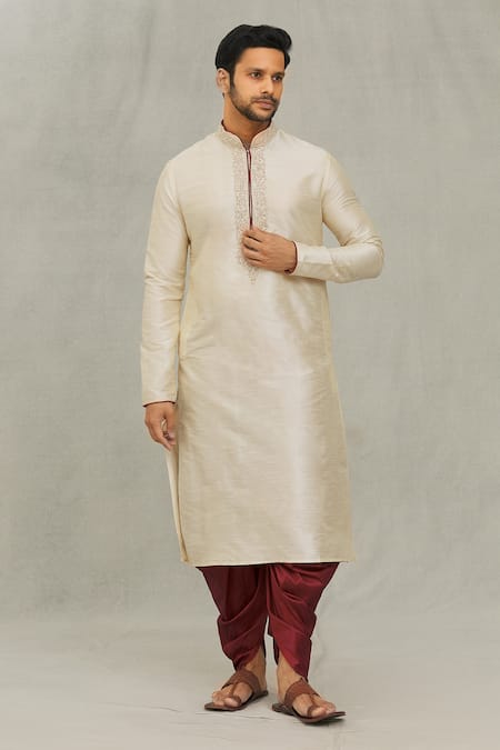 Buy_Arihant Rai Sinha_Beige Silk Embroidery Placket Kurta And Dhoti Pant Set _Online_at_Aza_Fashions