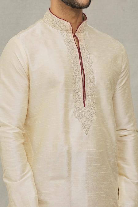Shop_Arihant Rai Sinha_Beige Silk Embroidery Placket Kurta And Dhoti Pant Set _Online_at_Aza_Fashions