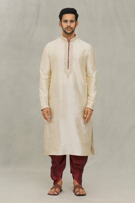 Arihant Rai Sinha_Beige Silk Embroidery Placket Kurta And Dhoti Pant Set _at_Aza_Fashions