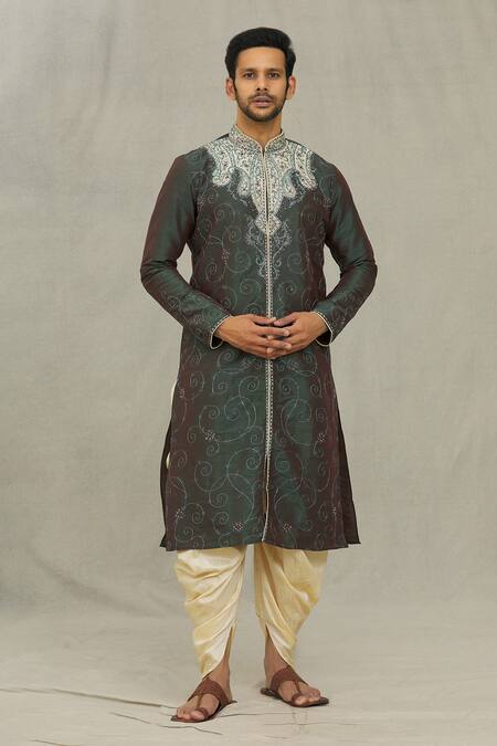 Arihant Rai Sinha_Green Silk Embroidery Paisley Kurta And Dhoti Pant Set_Online_at_Aza_Fashions