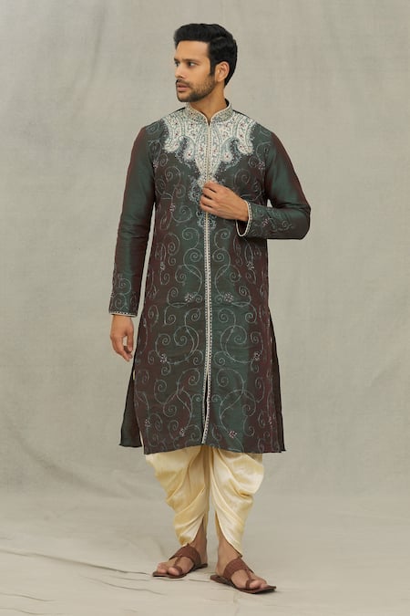 Buy_Arihant Rai Sinha_Green Silk Embroidery Paisley Kurta And Dhoti Pant Set_Online_at_Aza_Fashions