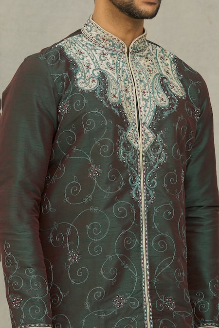 Shop_Arihant Rai Sinha_Green Silk Embroidery Paisley Kurta And Dhoti Pant Set_Online_at_Aza_Fashions