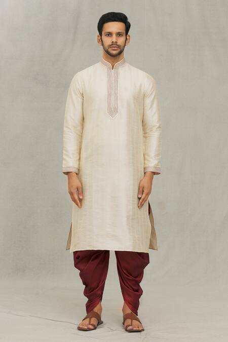 Arihant Rai Sinha_Beige Silk Embroidery Thread Straight Kurta And Dhoti Pant Set _Online_at_Aza_Fashions