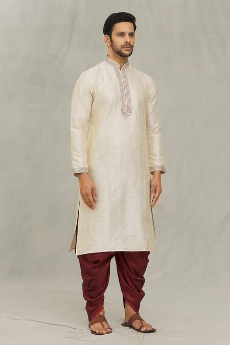 Buy_Arihant Rai Sinha_Beige Silk Embroidery Thread Straight Kurta And Dhoti Pant Set _Online_at_Aza_Fashions
