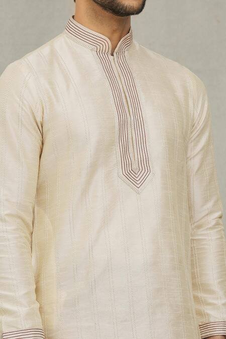 Shop_Arihant Rai Sinha_Beige Silk Embroidery Thread Straight Kurta And Dhoti Pant Set _Online_at_Aza_Fashions