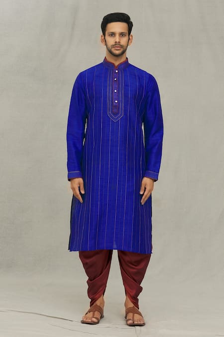 Arihant Rai Sinha Blue Silk Embroidery Thread Kurta And Dhoti Pant Set Online at Aza Fashions Arihant Rai Sinha_Blue Silk Embroidery Thread Kurta And Dhoti Pant Set_Online_at_Aza_Fashions