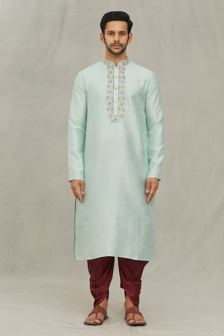Buy_Arihant Rai Sinha_Green Silk Embroidered Placket Kurta And Dhoti Pant Set_Online_at_Aza_Fashions
