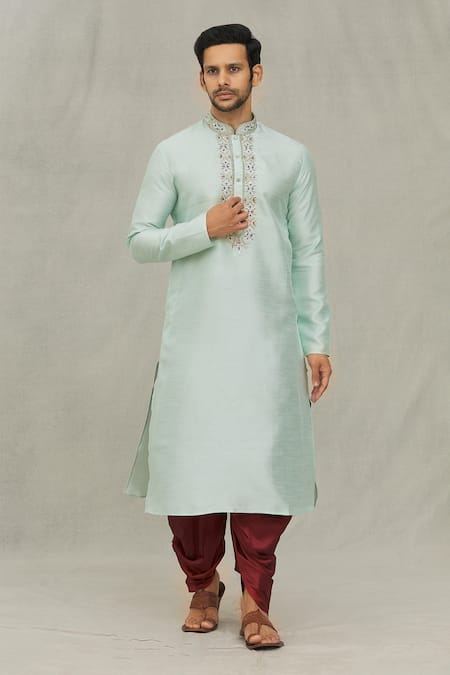 Shop_Arihant Rai Sinha_Green Silk Embroidered Placket Kurta And Dhoti Pant Set_Online_at_Aza_Fashions