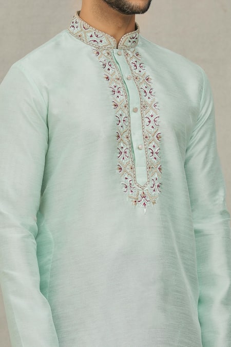 Arihant Rai Sinha_Green Silk Embroidered Placket Kurta And Dhoti Pant Set_at_Aza_Fashions