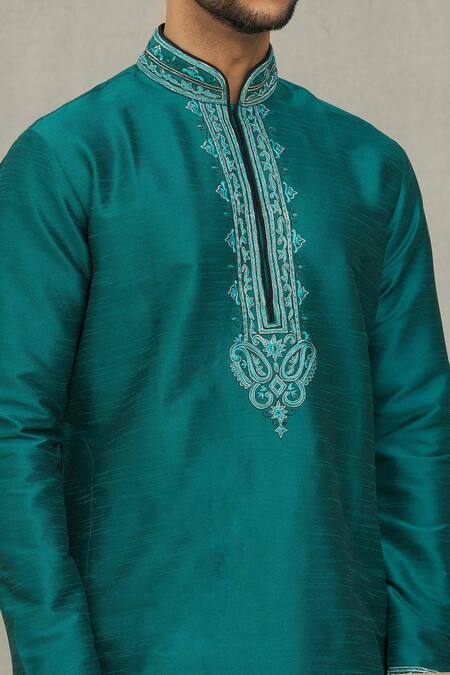 Buy_Arihant Rai Sinha_Green Silk Embroidery Paisley Placket Kurta And Dhoti Pant Set_Online_at_Aza_Fashions